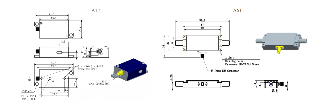 A17 and A61 RF Input SMA Connector Modules Acousto-Optic Modulator